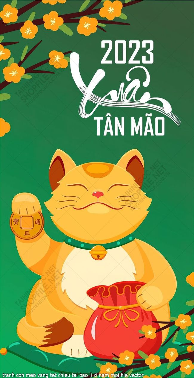 tranh con meo vang tet chieu tai bao li xi nam moi file vector